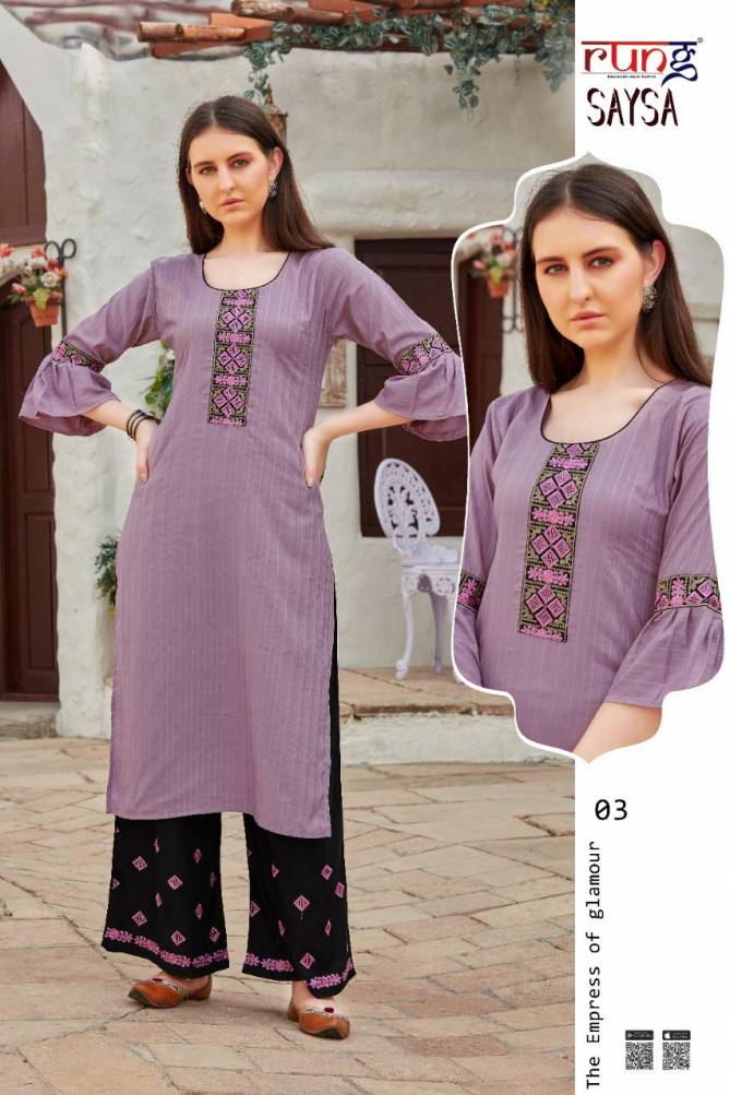 Rung Sasya Heavy Slub Latest Fancy Designer Casual Wear  Lining With heavy Hand Work Rayon With Embroidery Work Western Kurti With Bottom Collection